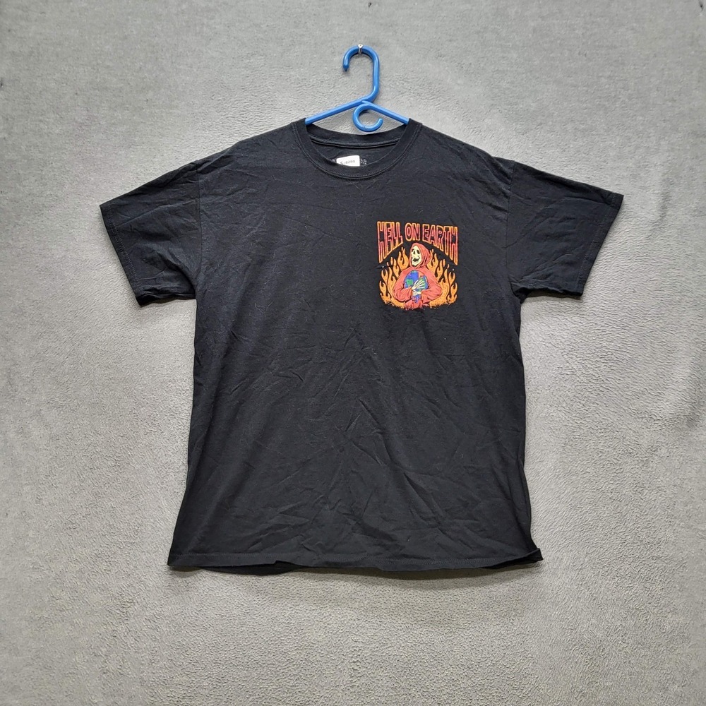 Linda Finegold‎ Men Shirt L Black Graphic Print Grim Reaper Flames Hell On Earth